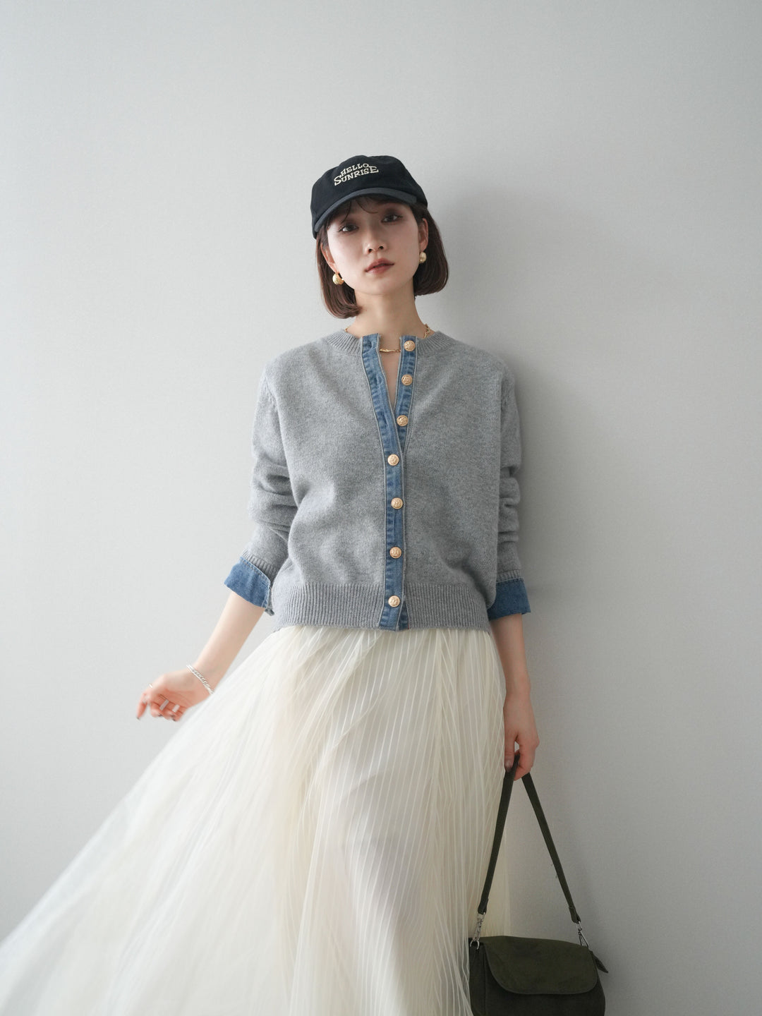 [SET]クルーネックデニムドッキングニットカーディガン+選べるアクセセット(2set)