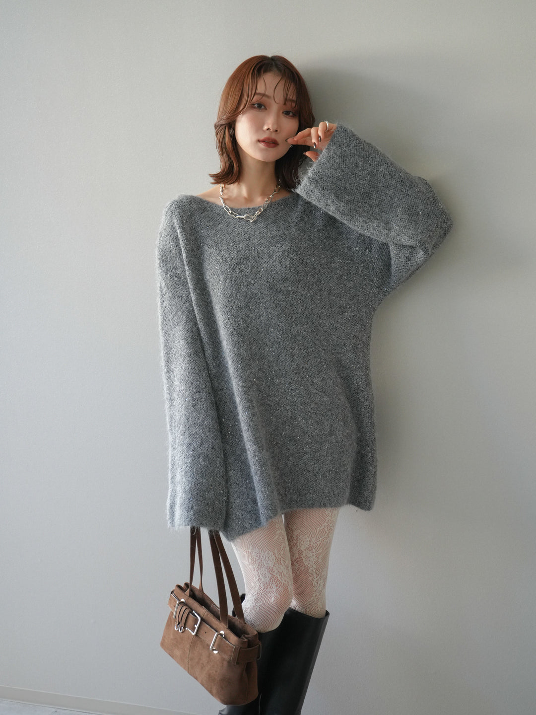 [予約]スパンコールミニシャギーニットチュニック/gray