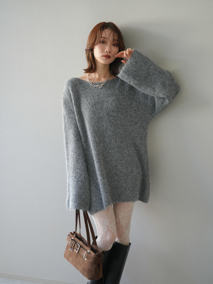 [予約]スパンコールミニシャギーニットチュニック/gray