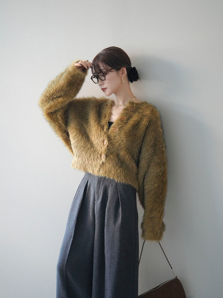 [予約]ミックスシャギーショートニットカーディガン/green