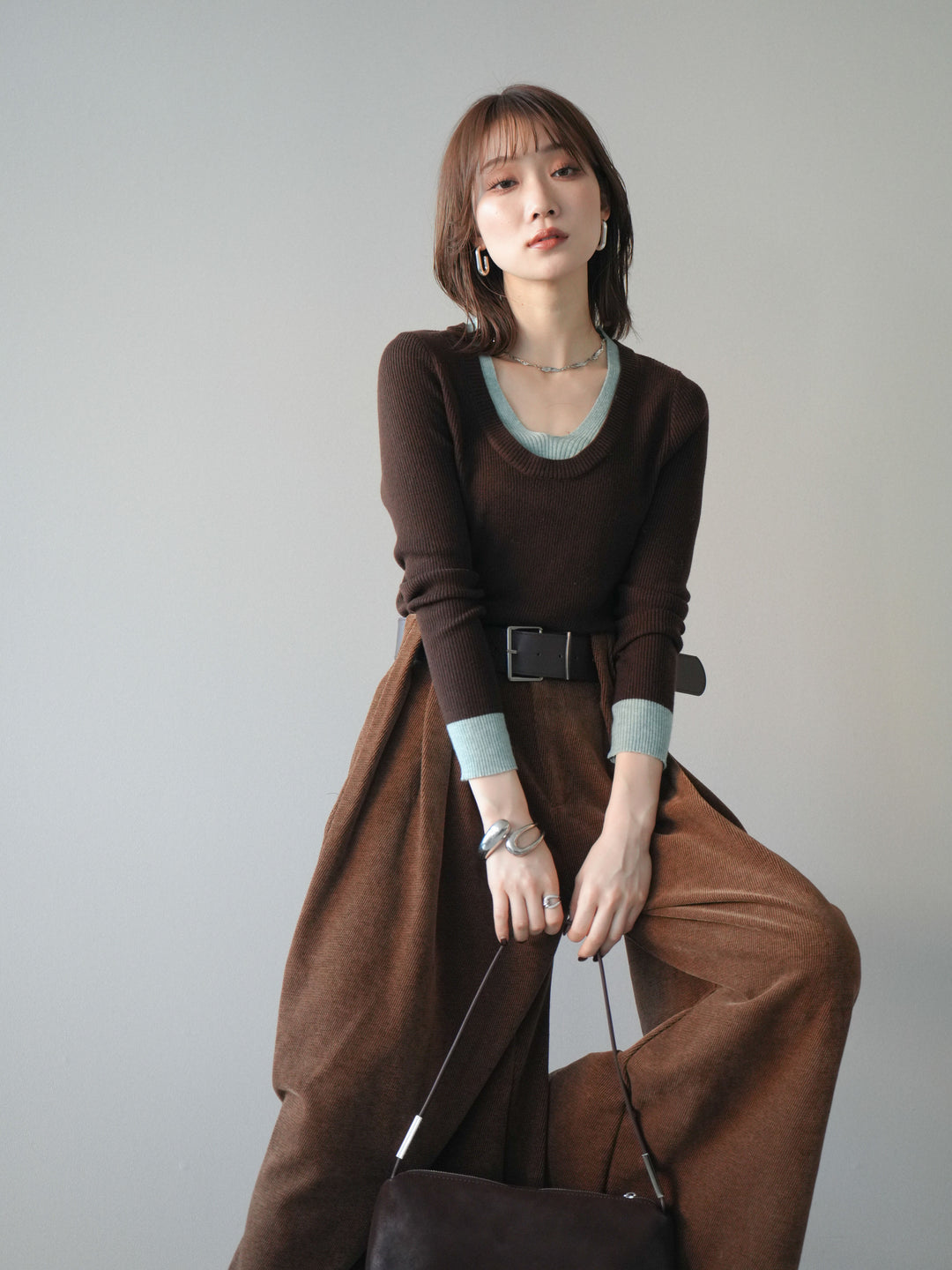 [予約]Uネック配色レイヤードリブニットトップス/brown