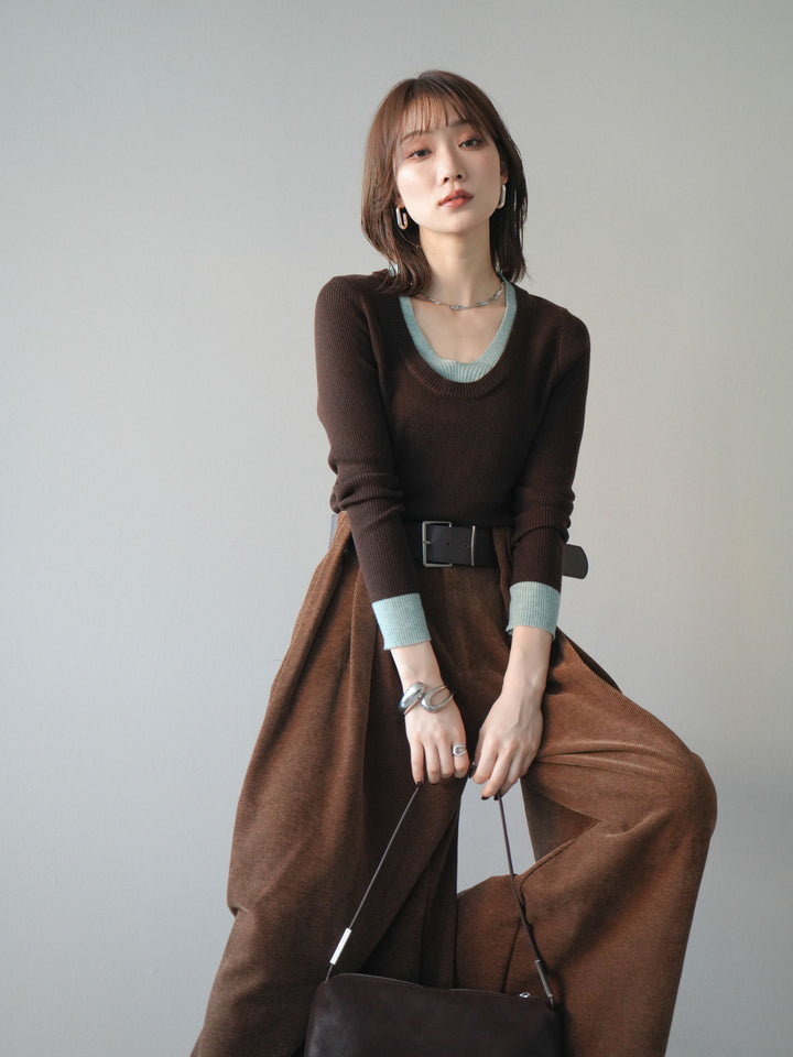 [予約]Uネック配色レイヤードリブニットトップス/brown