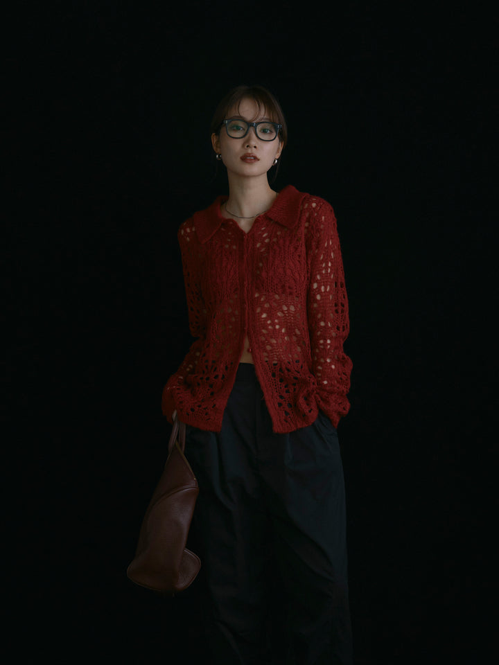 【Allure】[SET]ローゲージ透かし編みポロニッカーディガン+タフタワイドカーブパンツ(2set)