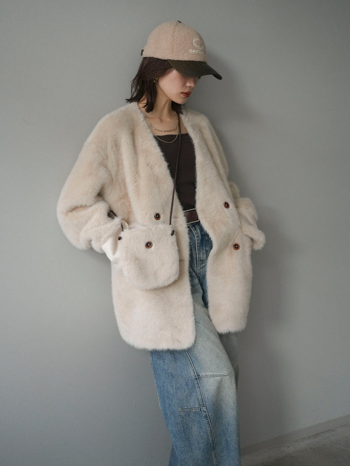 [SET]バッグ付エコファーノーカラーコート+ベルト付カーブデニムパンツ(2set)