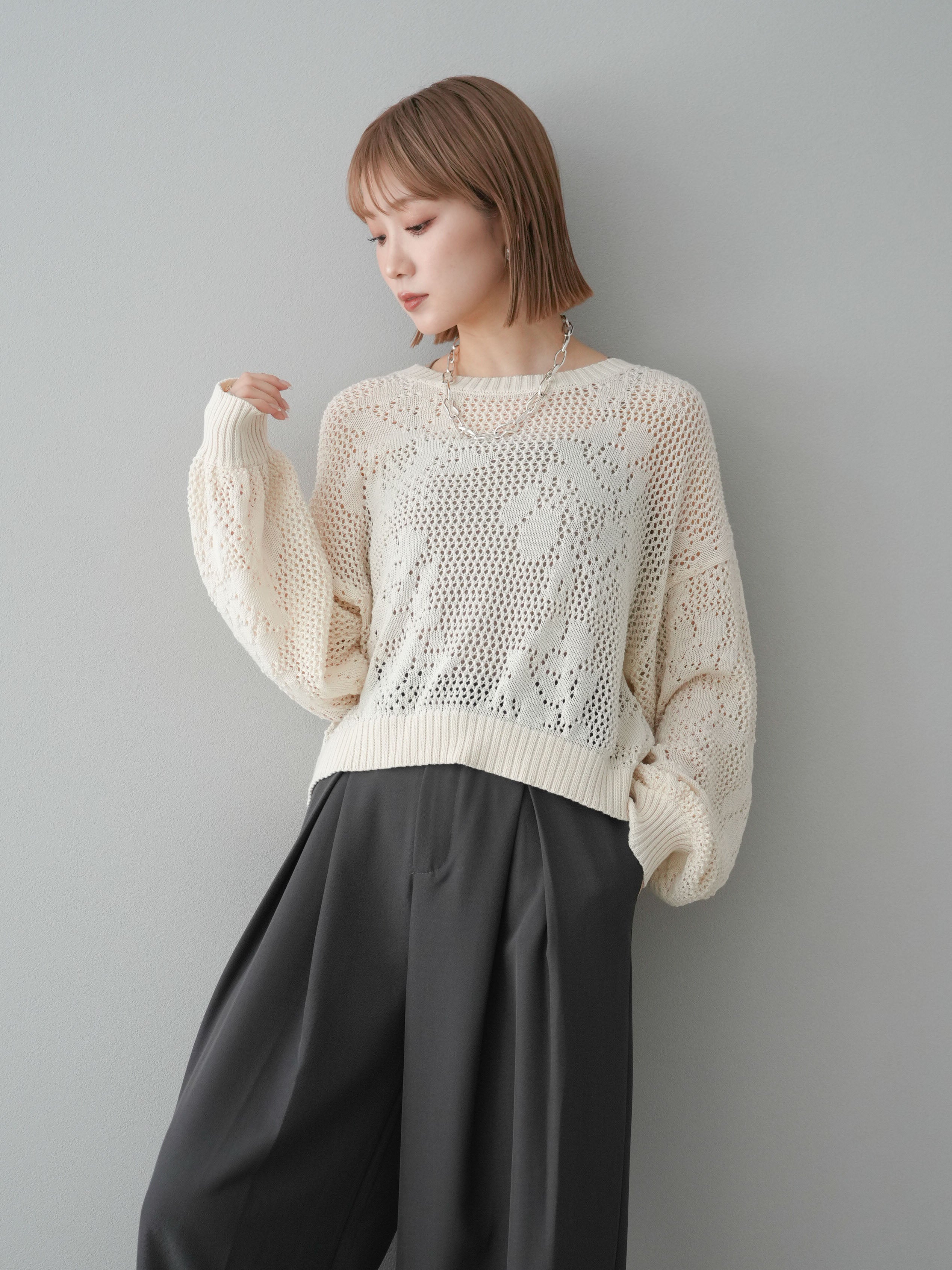 SET]透かし編みニットプルオーバー+透かし編みニットプルオーバー(2set