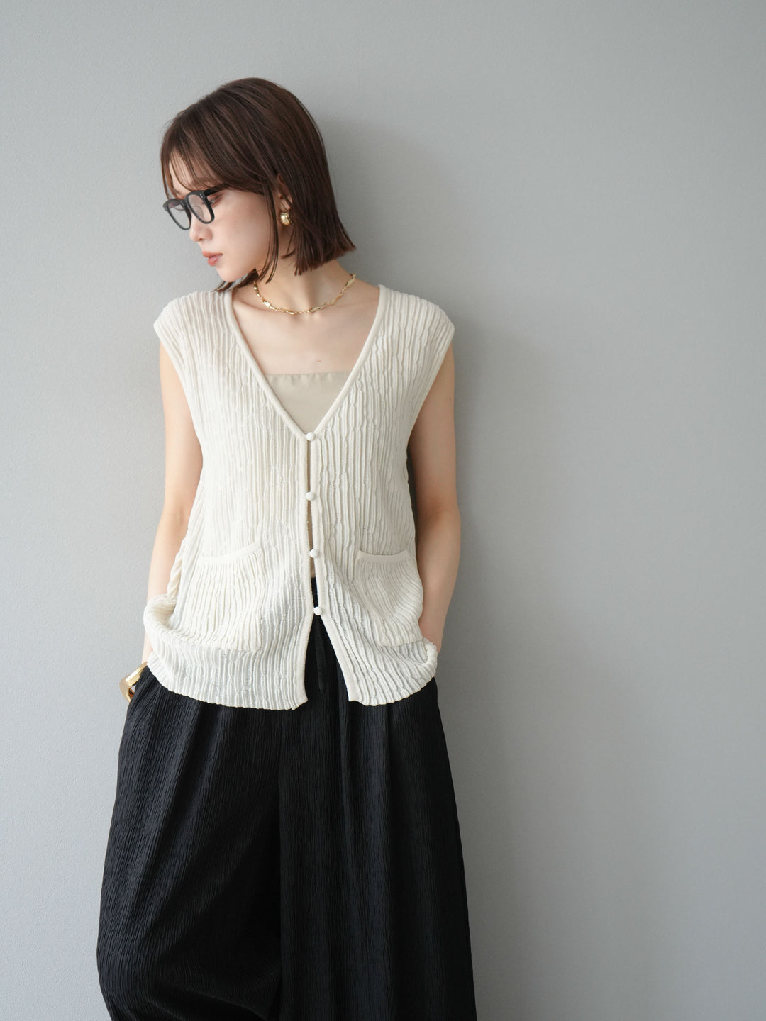 [SET] 波浪夏季針織背心+柳葉寬腿褲（2件套）