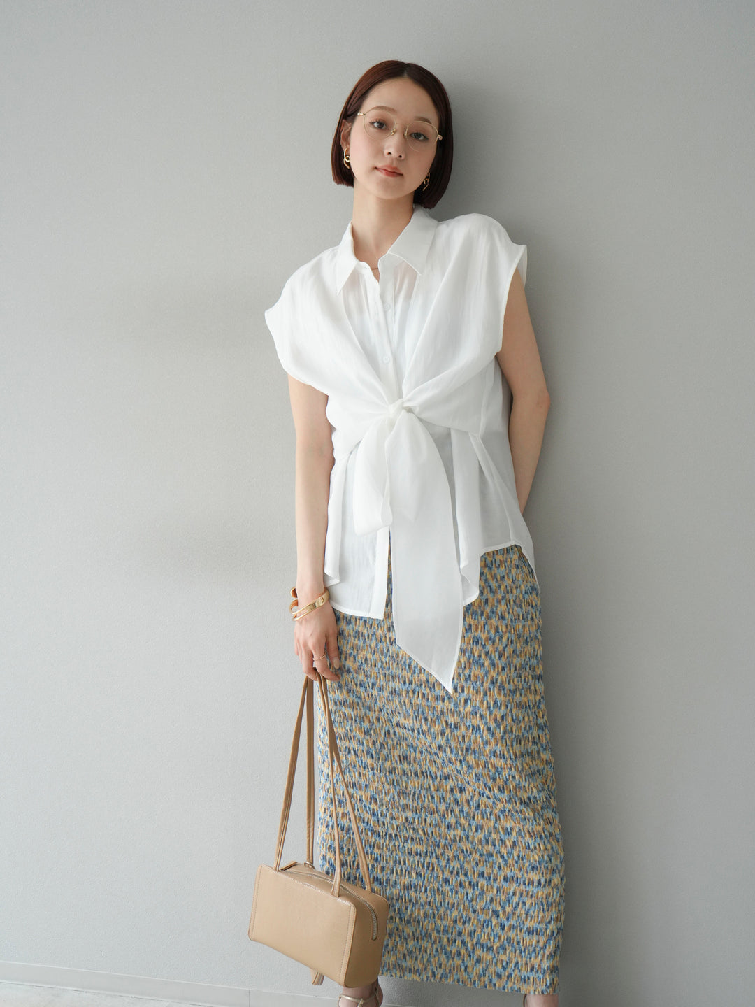 [SET]フロントタイシアーブラウス+マルチカラーランダムプリーツタイトスカート(2set)