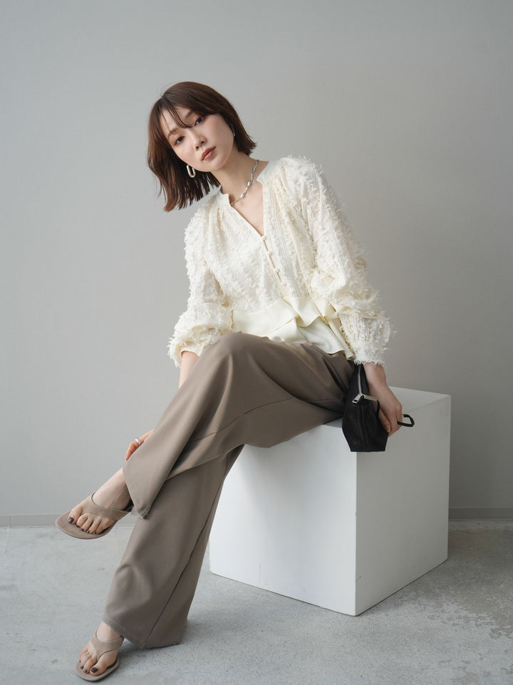 [SET]ジャガードぺプラムフリルブラウス+ベルト付キーホルダーモチーフワイドパンツ(2set)