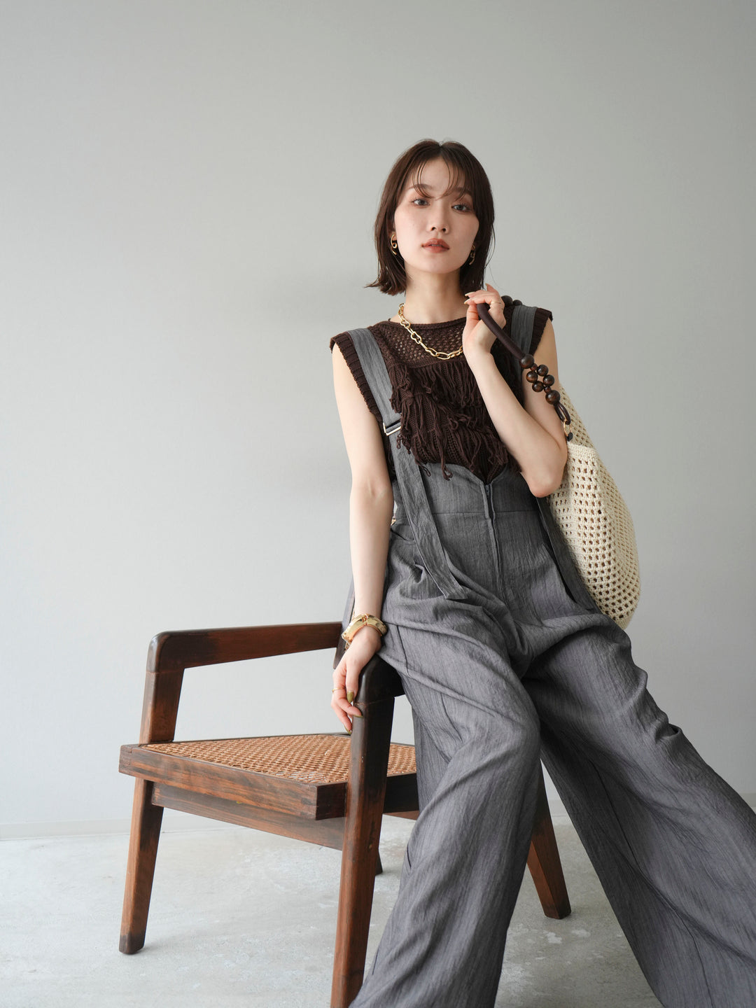 [予約]ストリングデザインハイウエストサロペット/チャコール