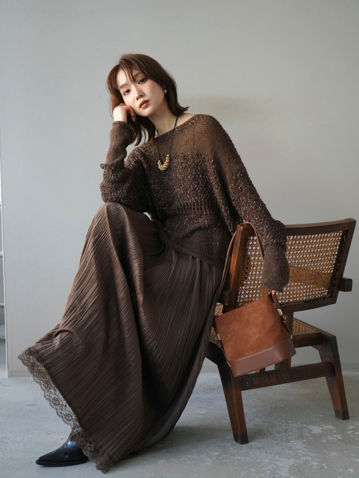 [予約]ミックスヤーンデザイン編みメッシュニットプルオーバー/ブラウン