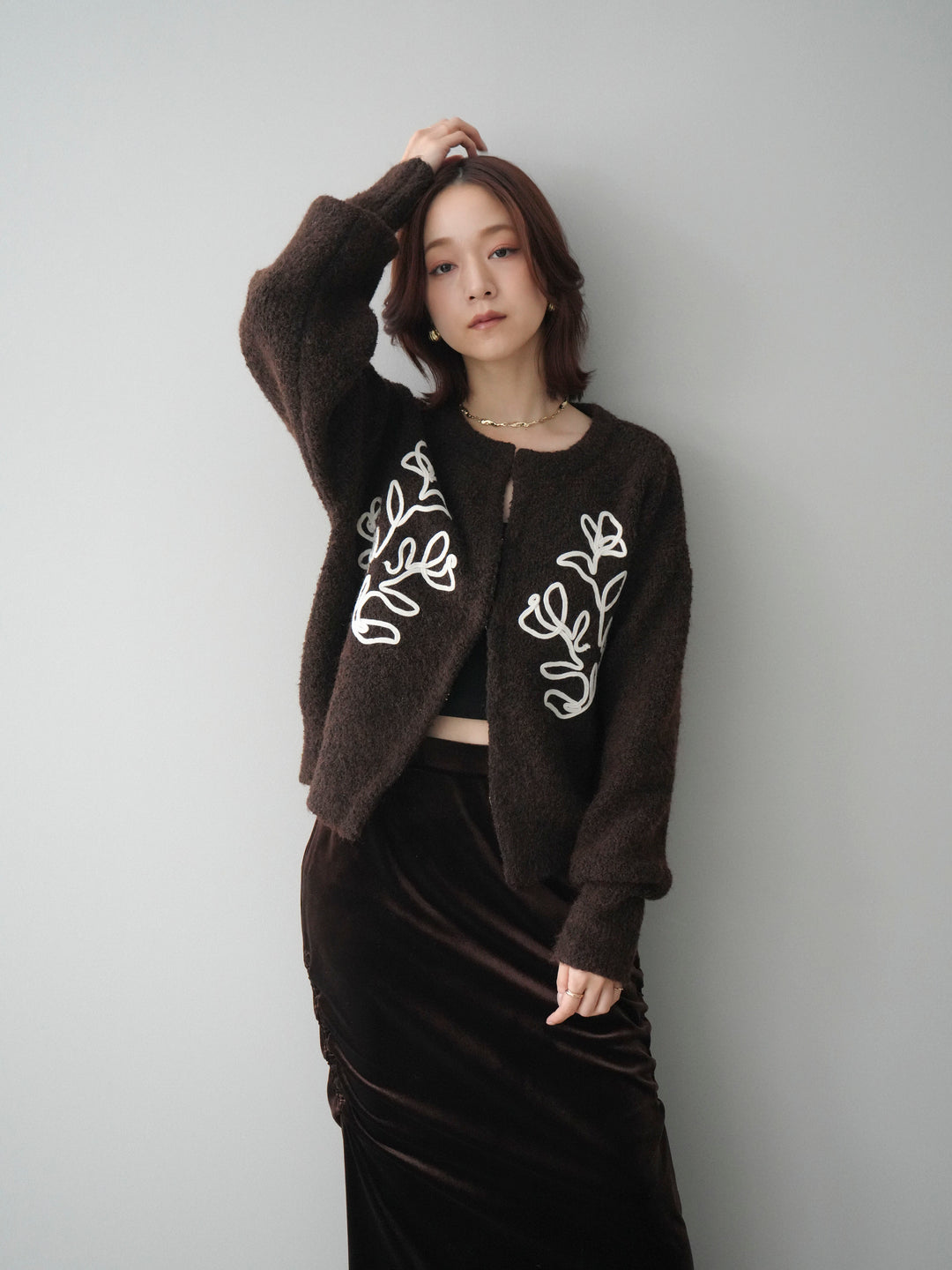 [SET]テープ刺繍ホック開きブークレニットカーディガン+選べるアクセセット(2set)