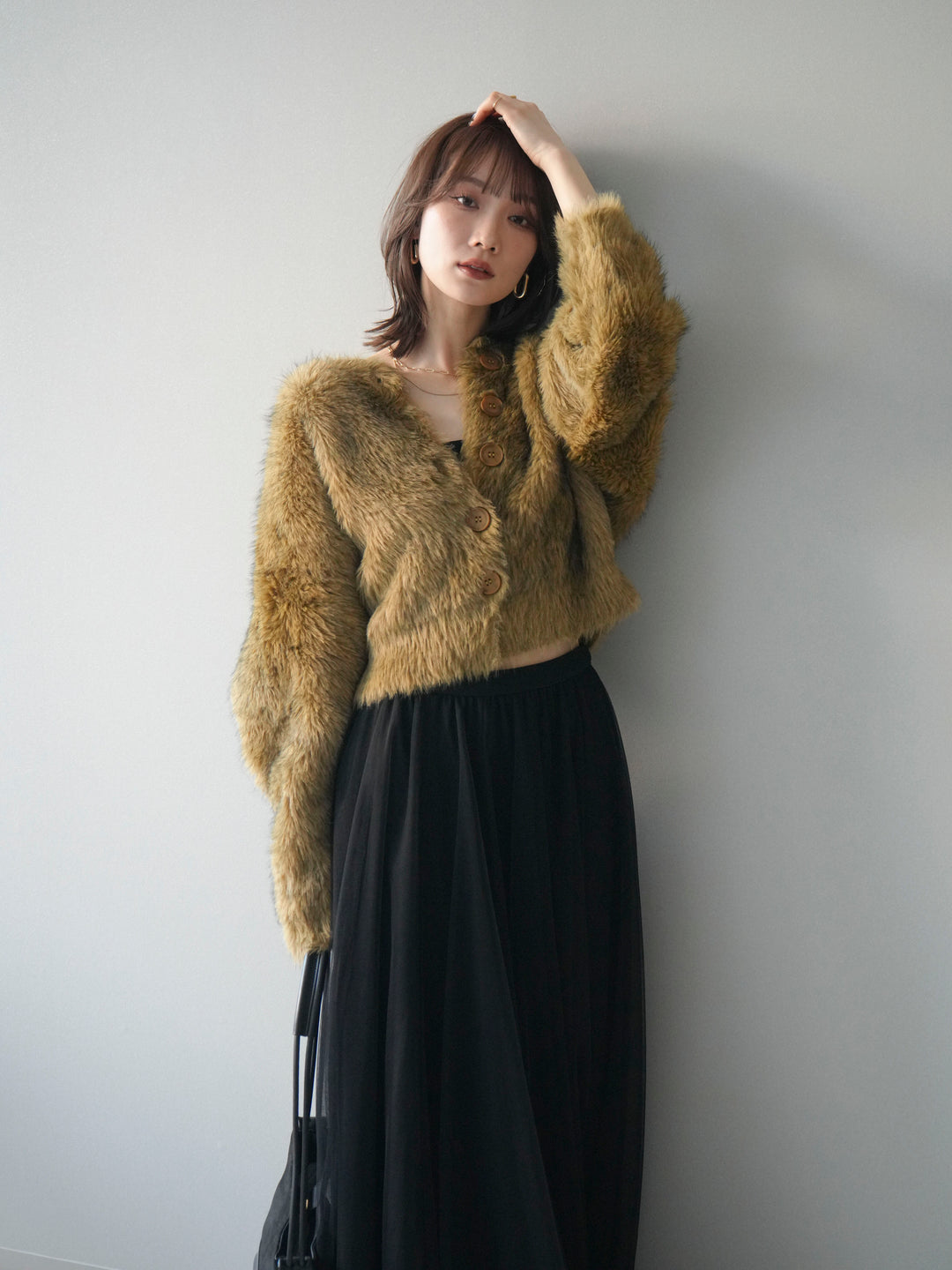 [予約]ミックスシャギーショートニットカーディガン/green