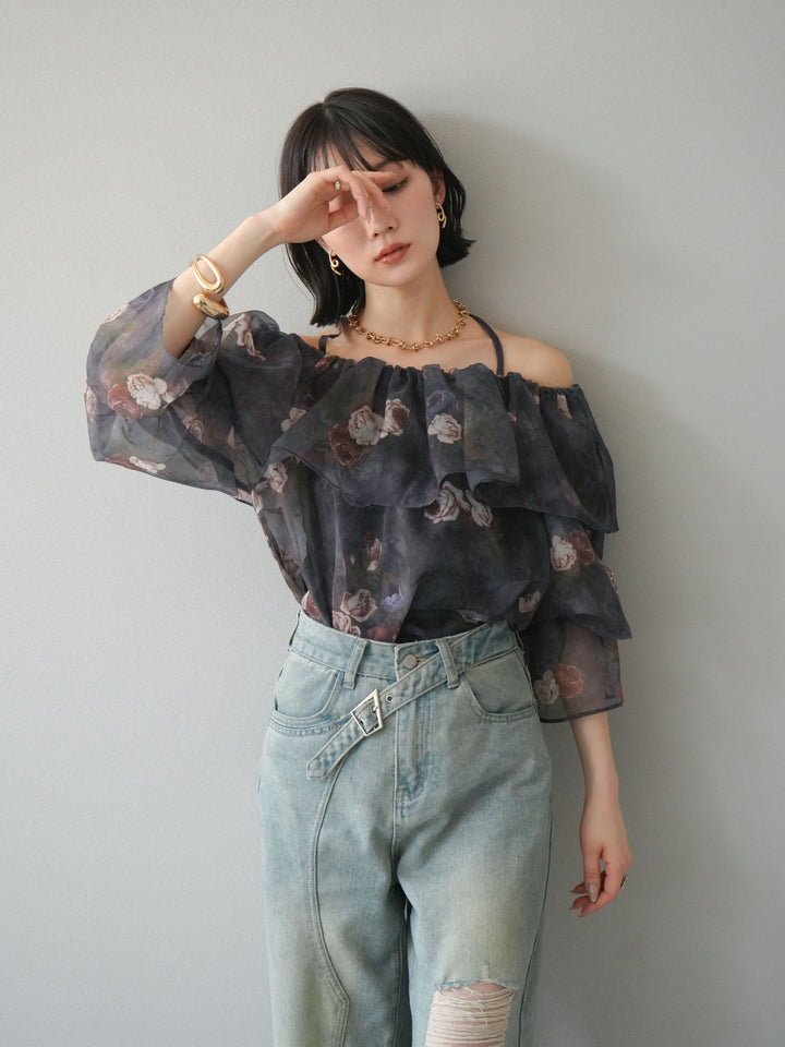 【預購】花朵露肩襯衫/藏青色