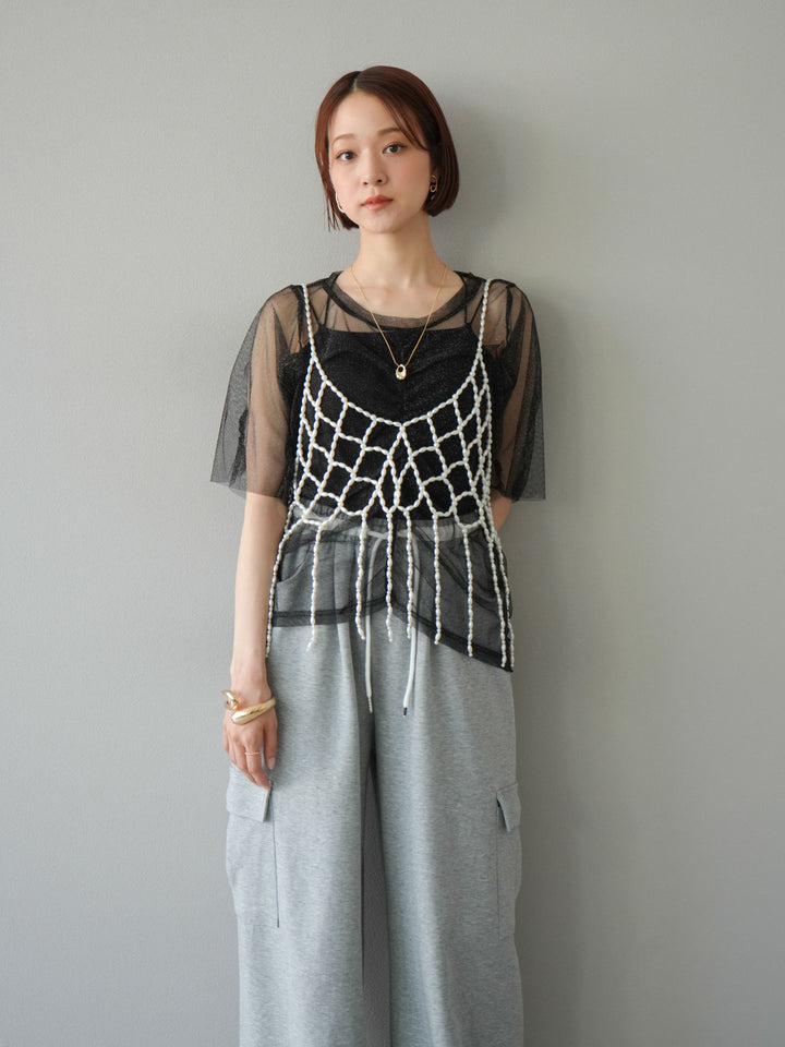 [SET]ラメチュールシャーリングプルオーバー+パールフリンジビスチェ(2set)