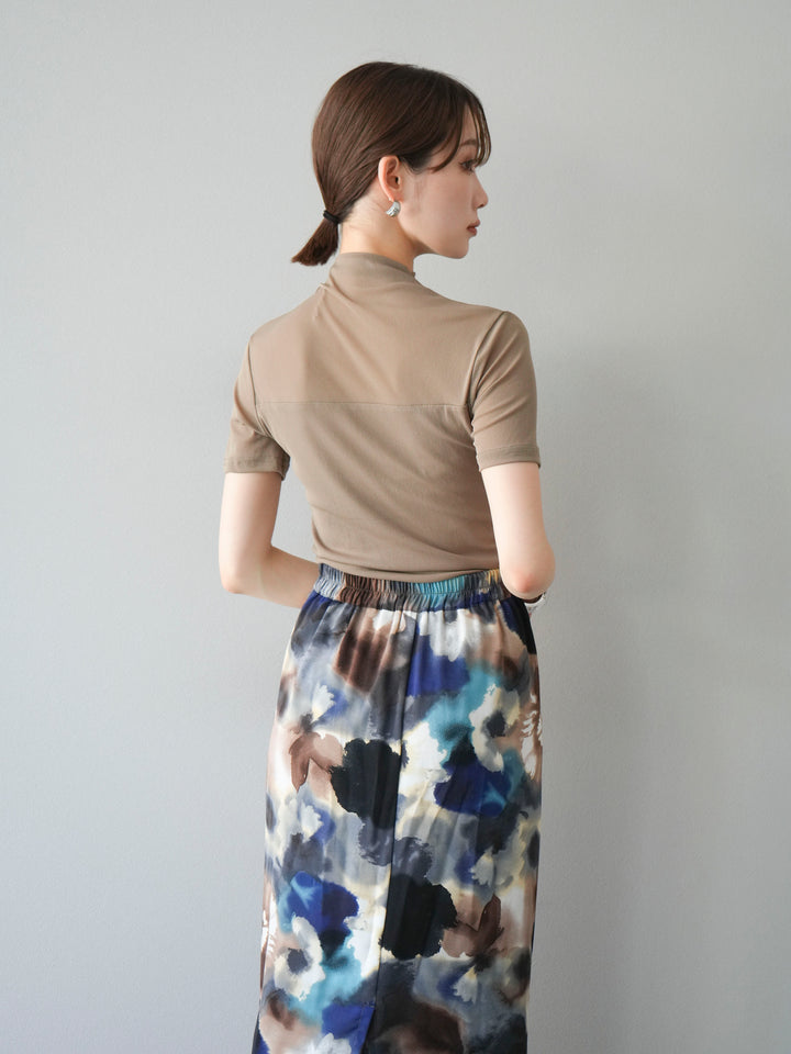 [SET] 透視半袖上衣 + 水彩印花褶襉I字裙 (2set)