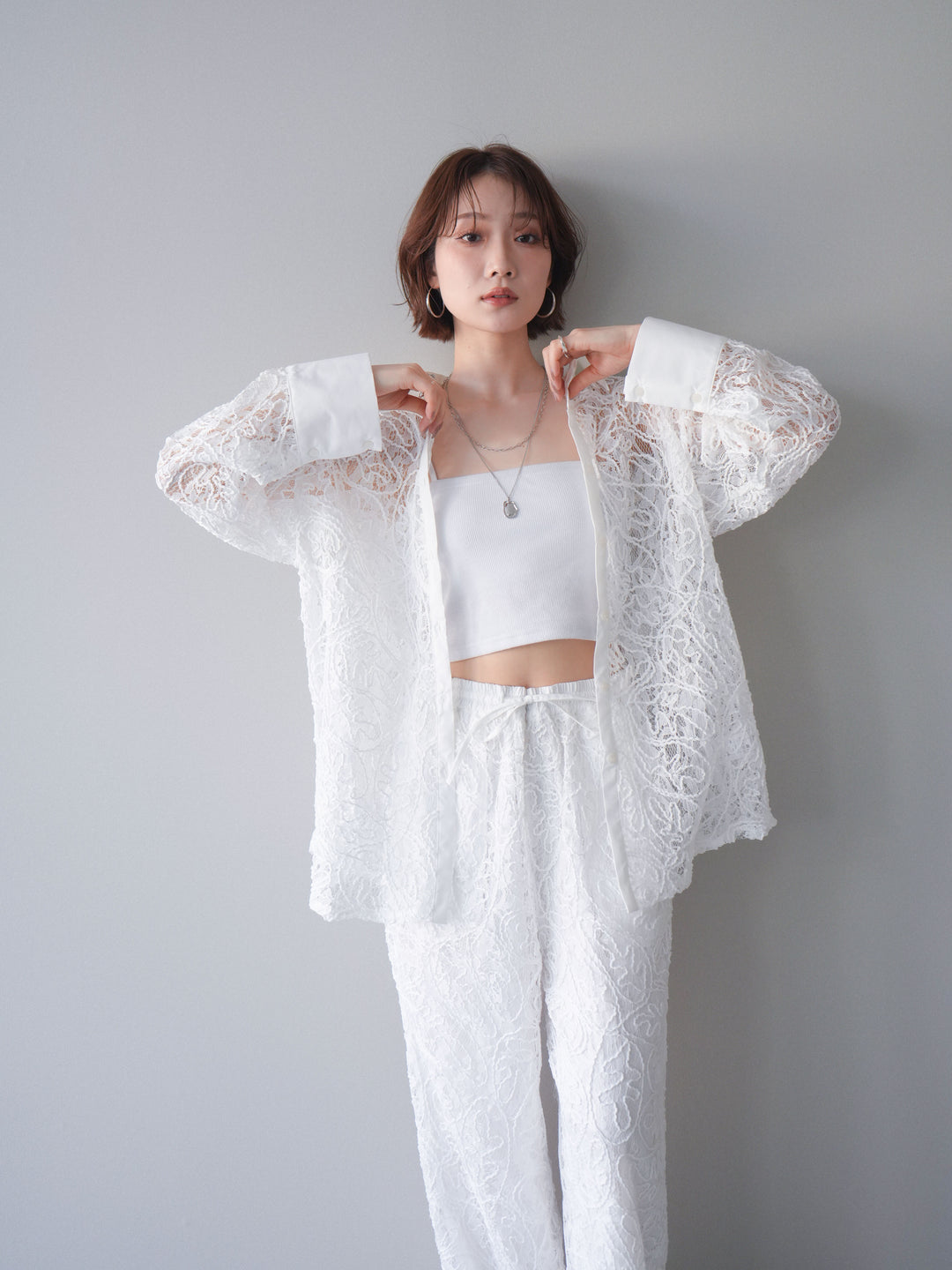 [SET]シアーコードレースオーバーシャツ+シアーコードレースイージーパンツ(2set)