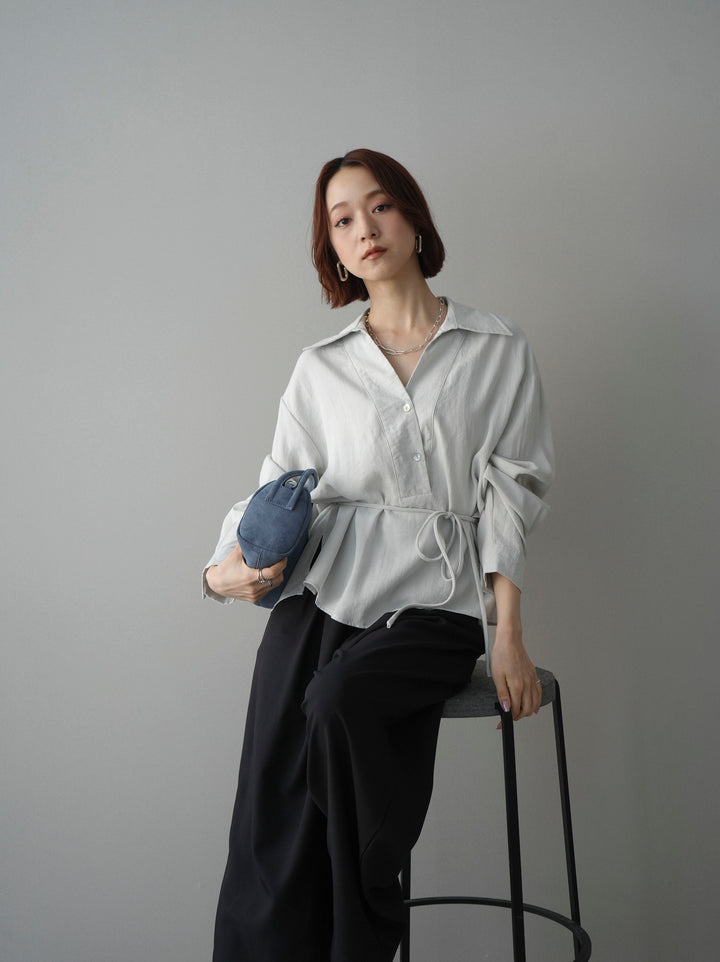 [SET]Vネック変形ラインシャツ+ベルト付キーホルダーモチーフワイドパンツ(2set)