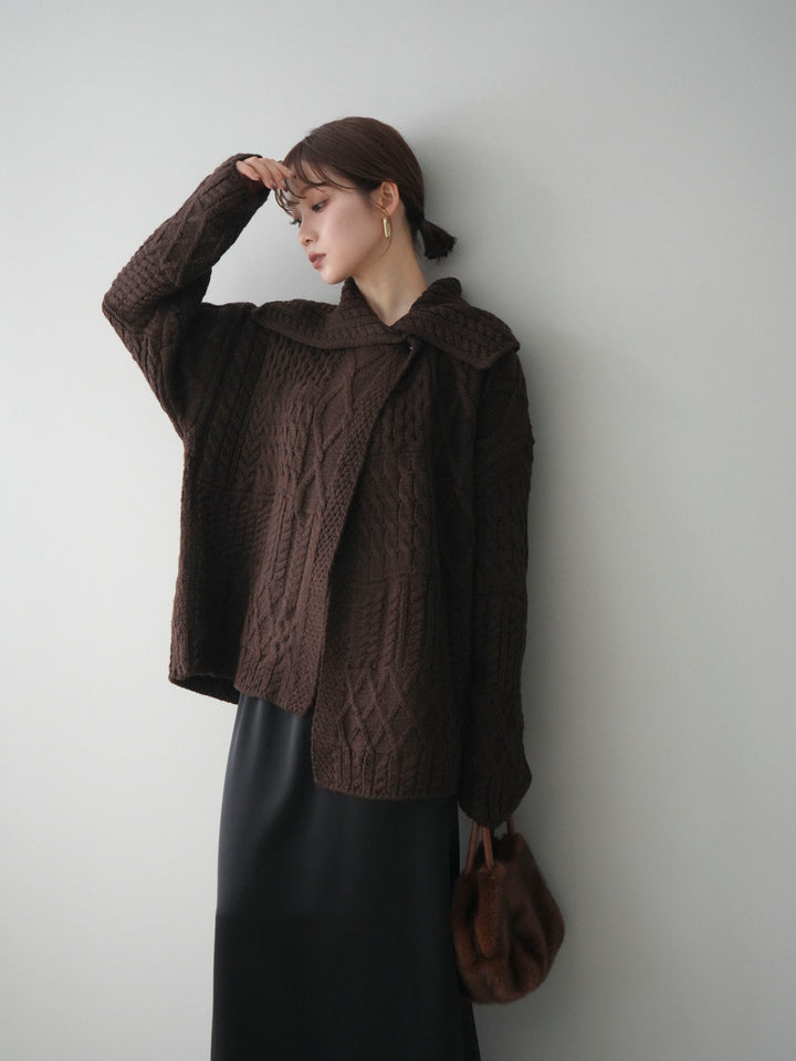 [予約]ケーブル編みデザインニットカーディガン/brown