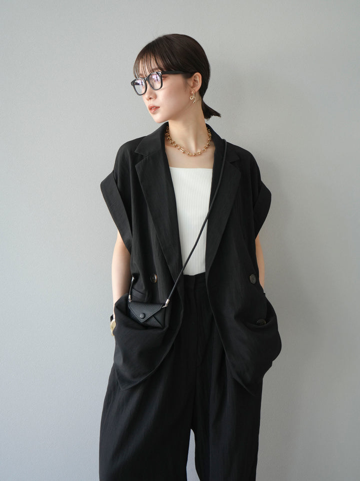 [套裝] 亞麻風格無袖雙背心 + 雙肩帶剪裁羅紋胸罩吊帶背心（2 件套）