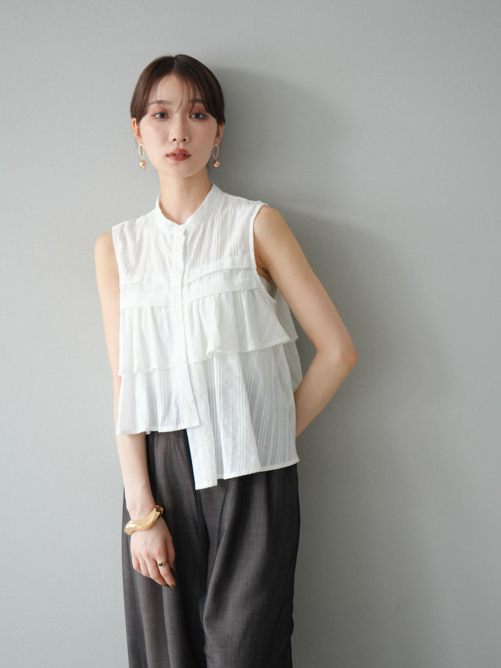[予約]ドビーストライプアシンメトリーフリルノースリブラウス/ホワイト