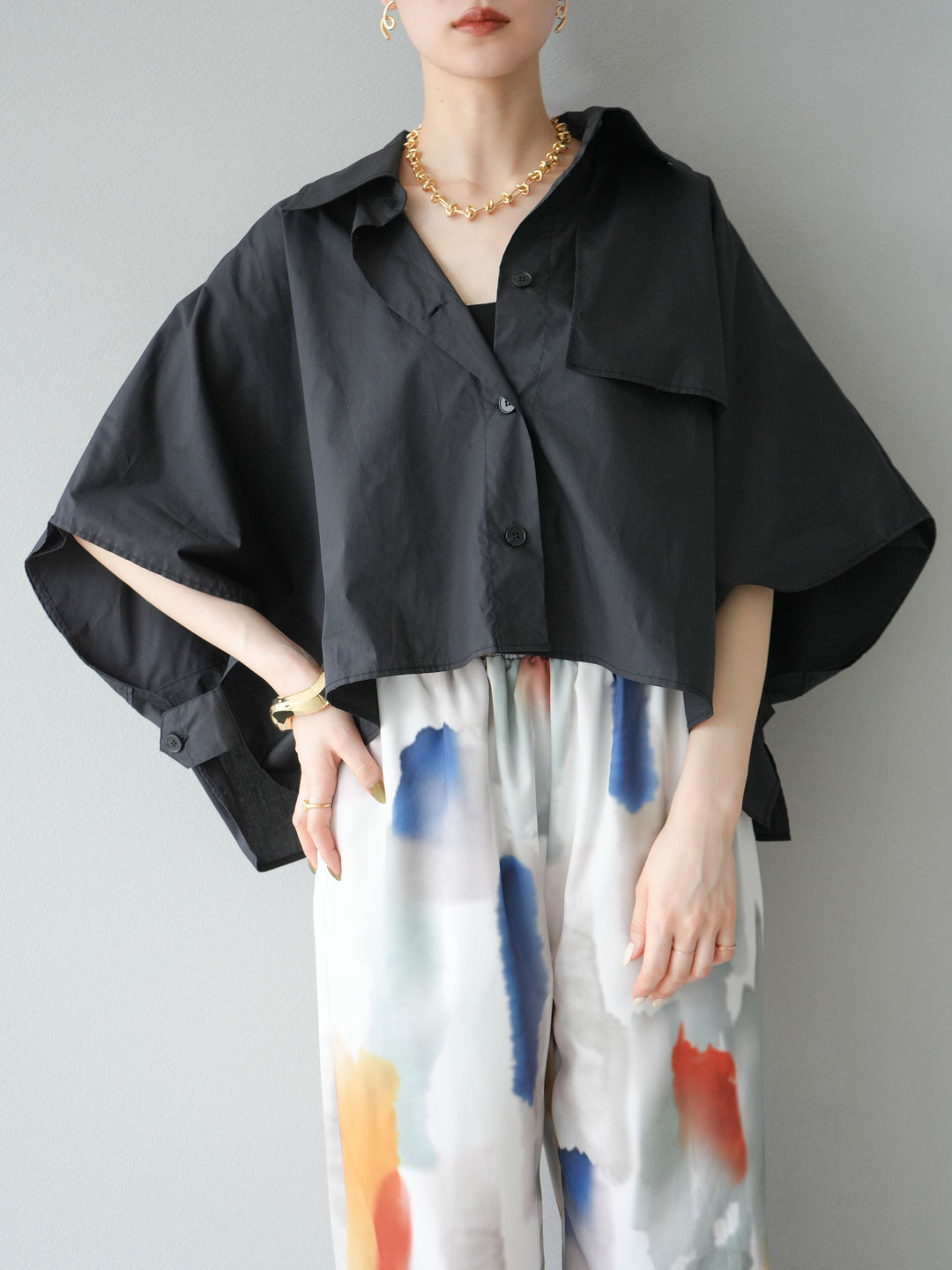 [予約]ポンチョショートシャツ/ブラック