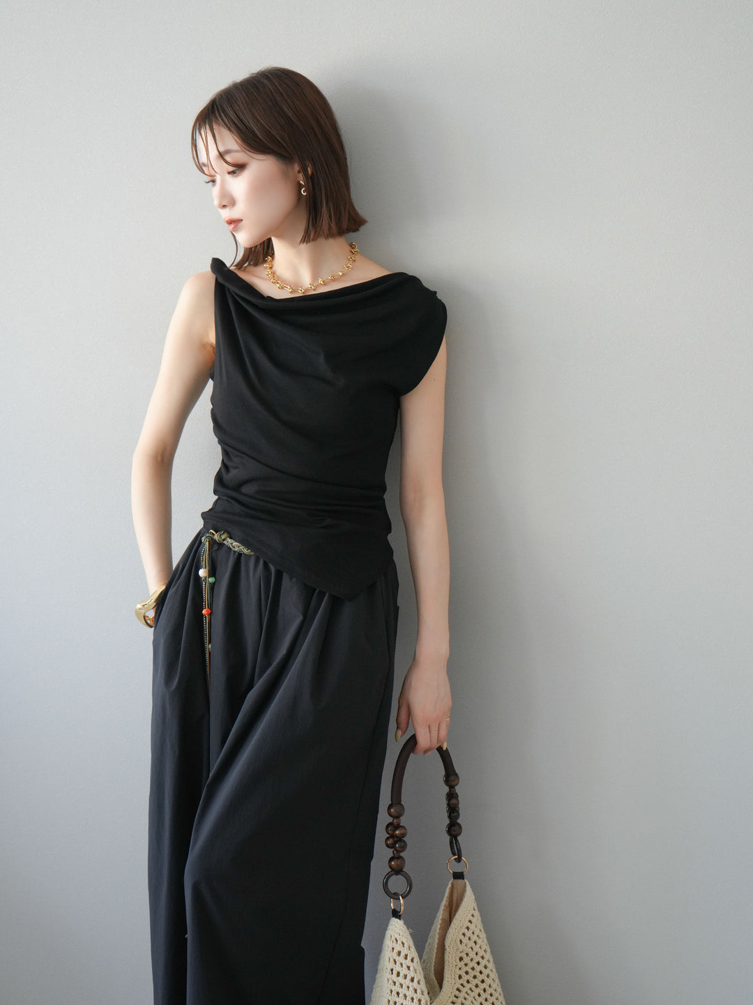 [SET]タックデザイントップス＆ビーズベルト付きパンツSET UP(2set)