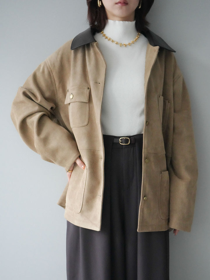 [SET]襟レザーステンカラースエードジャケット+袖ボタンボトルネックリブニットトップス+ベルトループデザインワイドパンツ(3set)