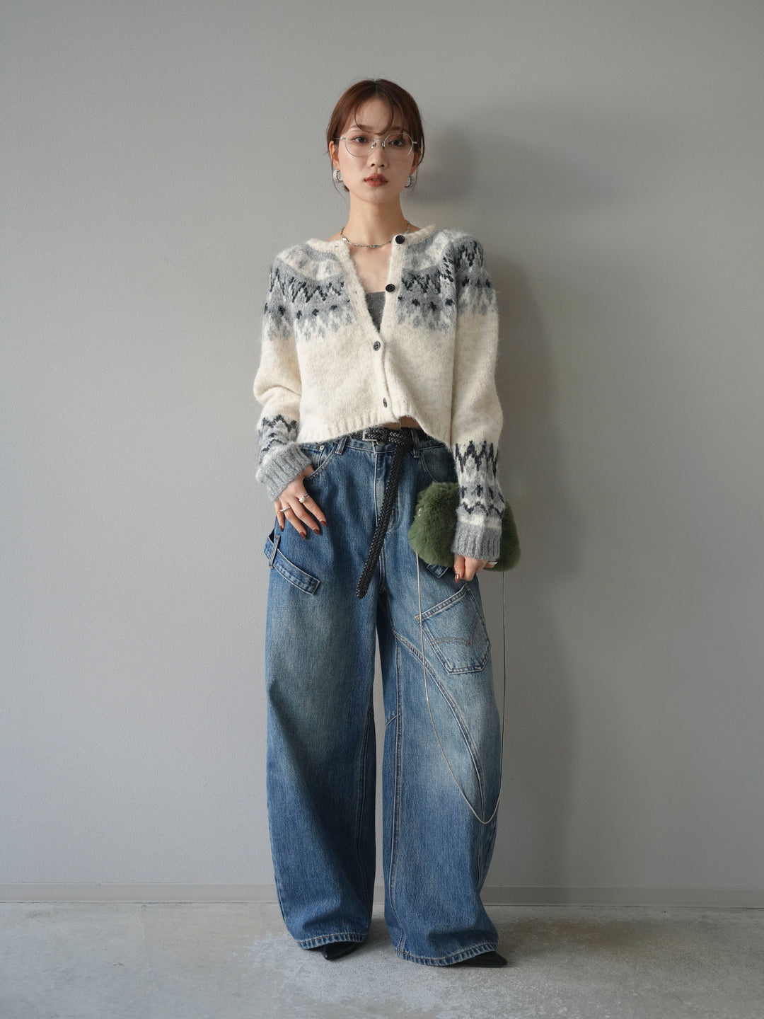 【着回しセット】[SET]求心柄クロップドニットカーディガン+ミックスヤーンペイズリー柄ニットカーディガン+ペインターカーブデニムパンツ(3set)