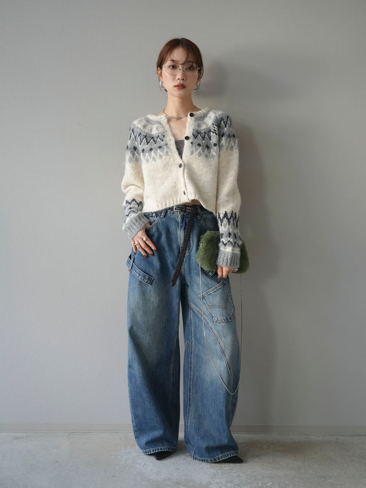【着回しセット】[SET]求心柄クロップドニットカーディガン+ミックスヤーンペイズリー柄ニットカーディガン+ペインターカーブデニムパンツ(3set)