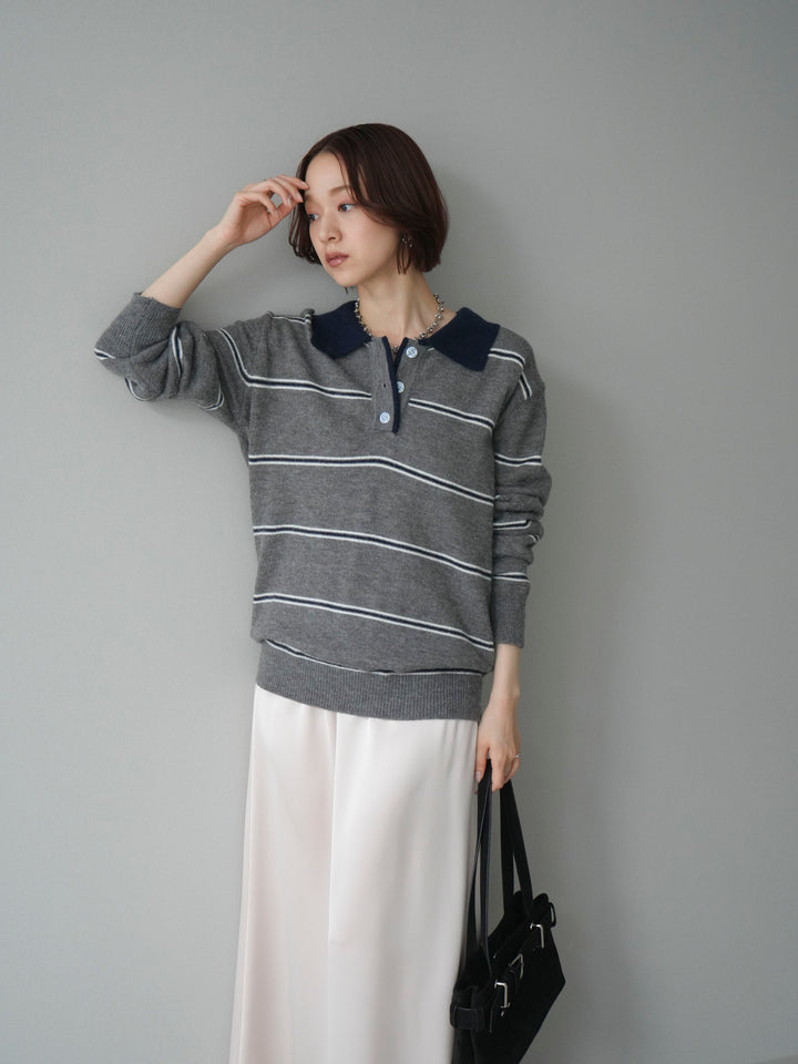 [予約]バイカラーボーダーポロニットプルオーバー/gray
