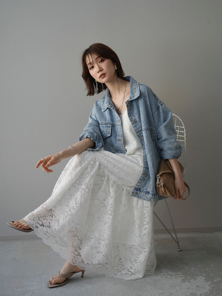 [予約]ギャザー切替レースキャミワンピース/white