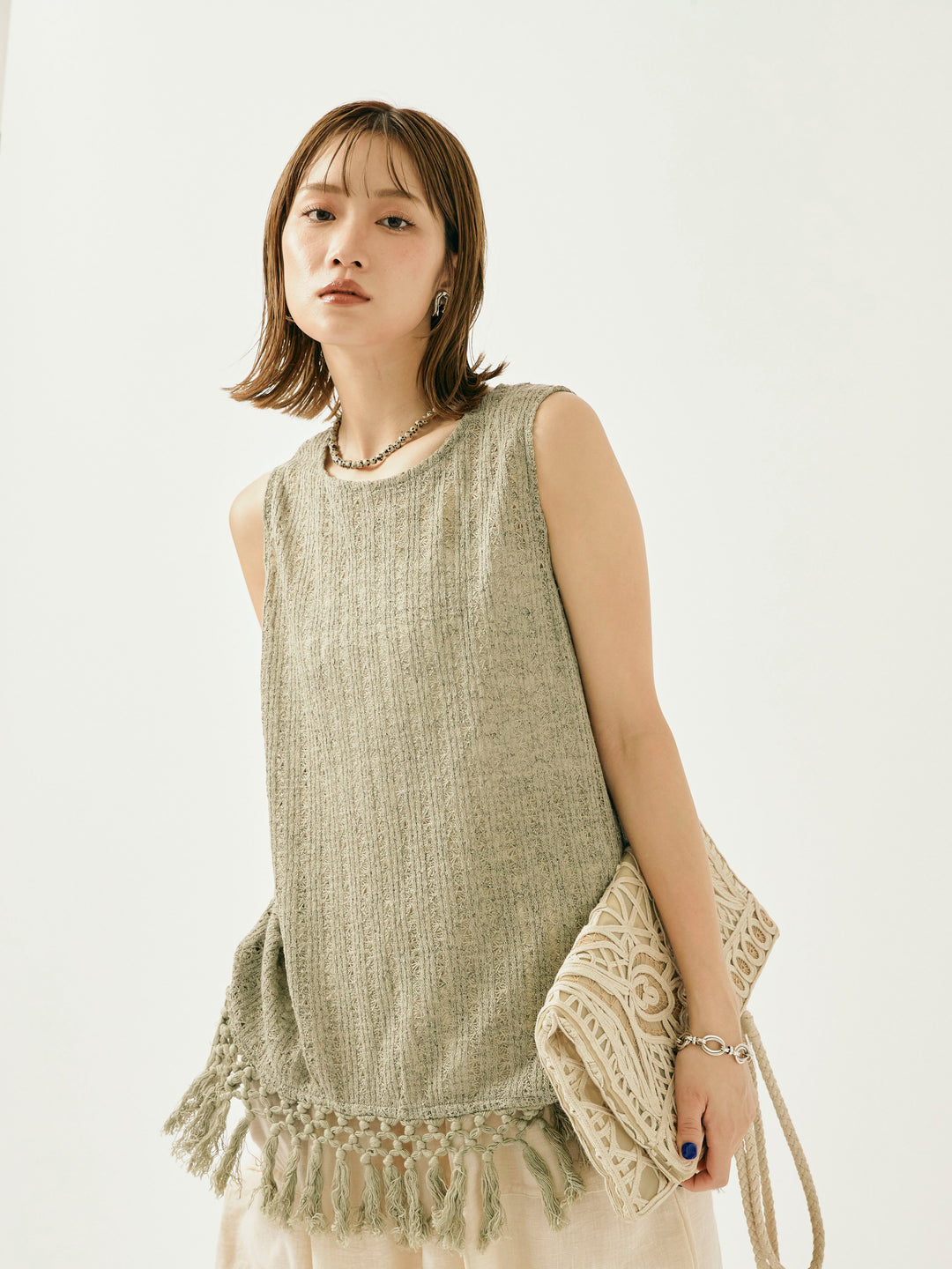 [予約]フリンジ透かし編みニットベスト/カーキ