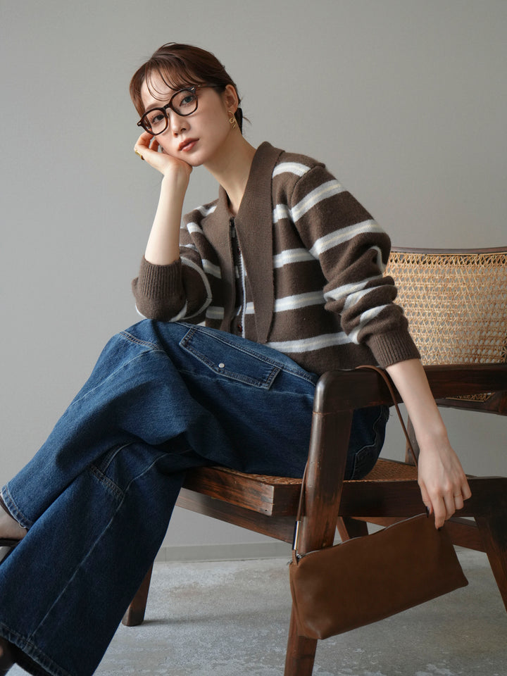 [予約]ボウタイボーダーニットカーディガン/brown