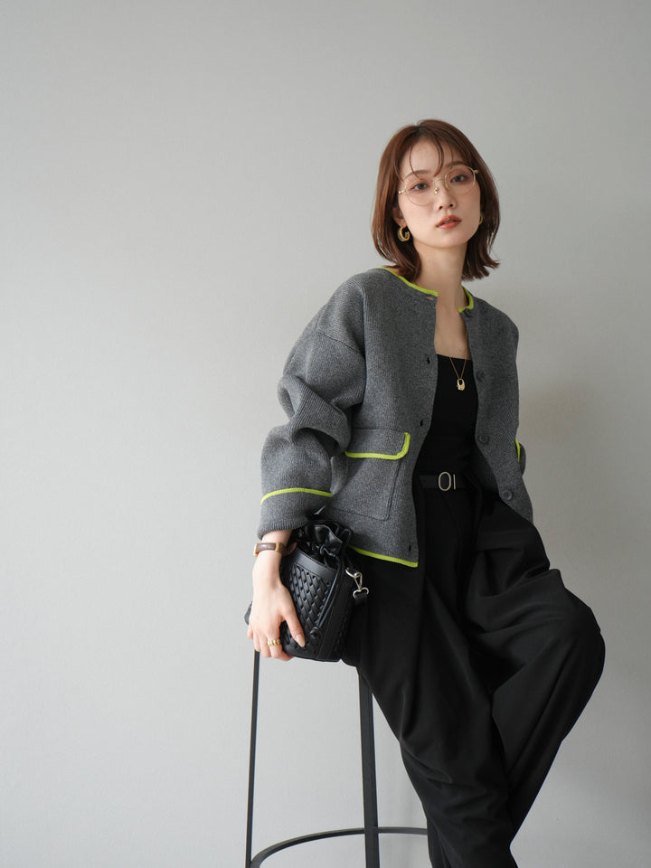 [予約]ポリエステル配色クルーネックカーディガン/チャコール