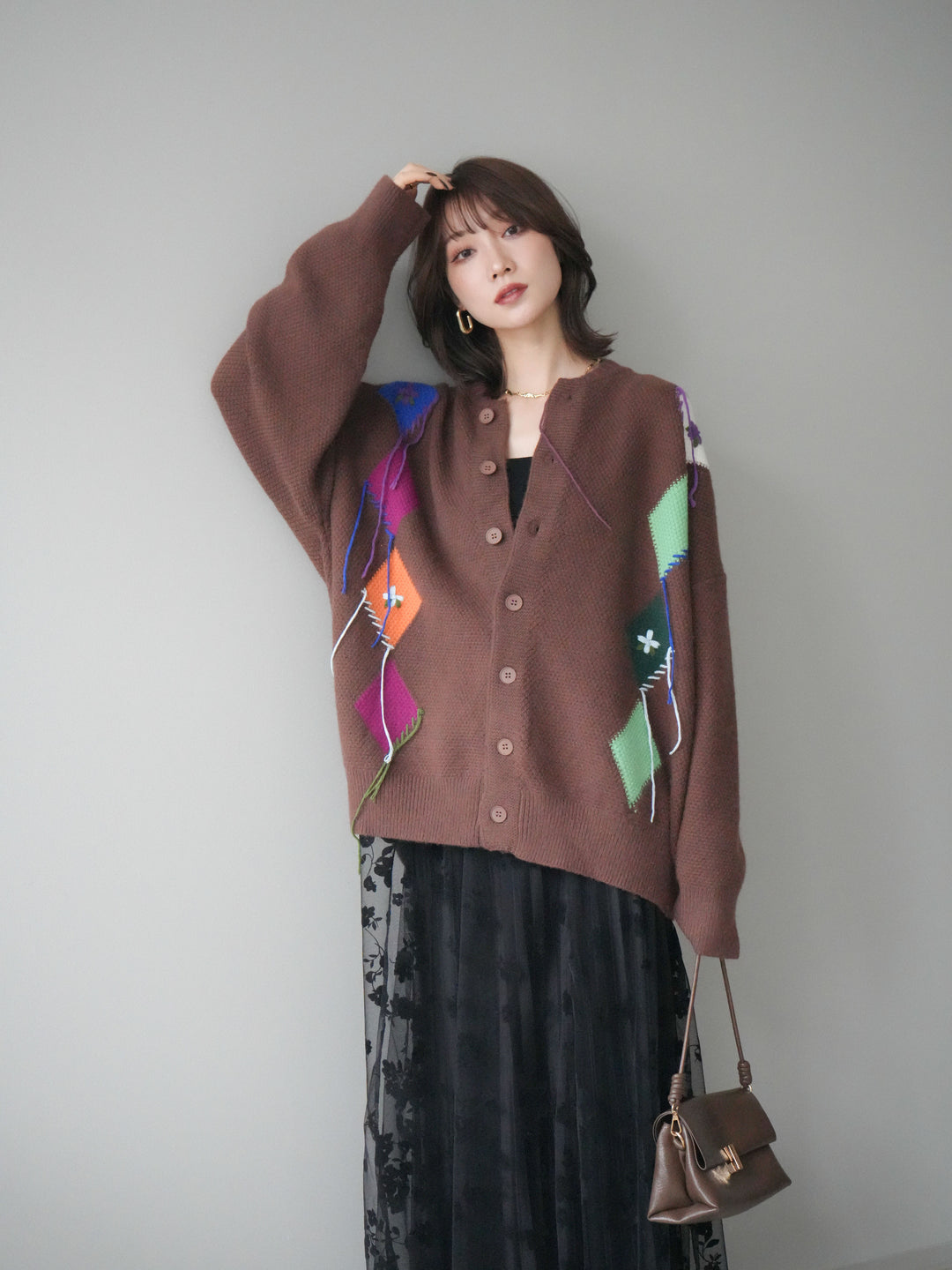 [予約]ハンドステッチアーガイルデザインニットカーディガン/brown