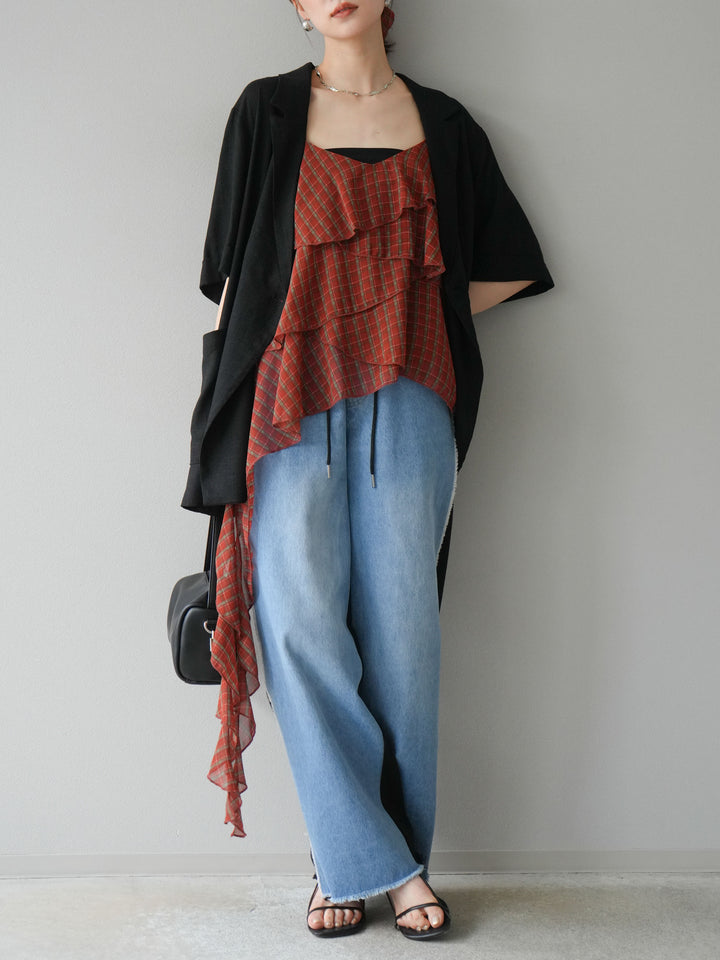 [予約]チェック柄ラッフルキャミソール/レッド