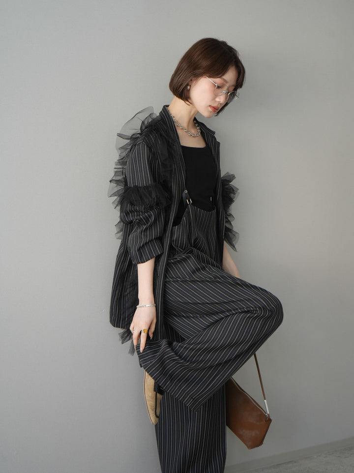 [予約]アシンメトリーチュールストライプジャケット/black