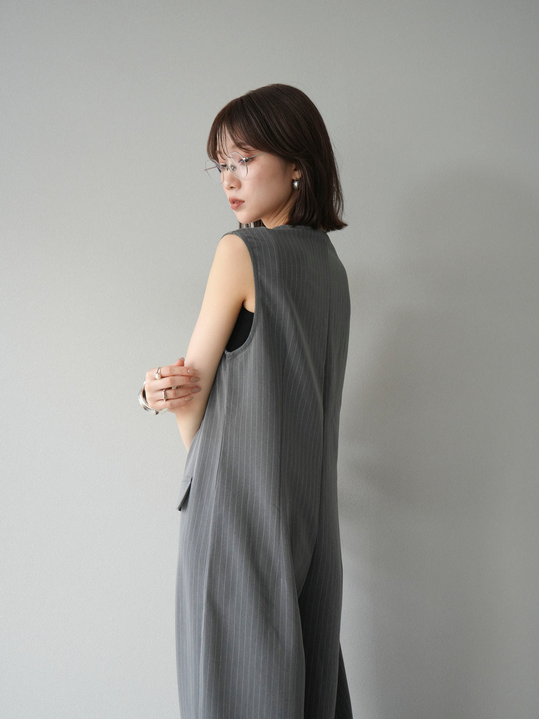 [予約]ストライプラップデザインオールインワン/グレー