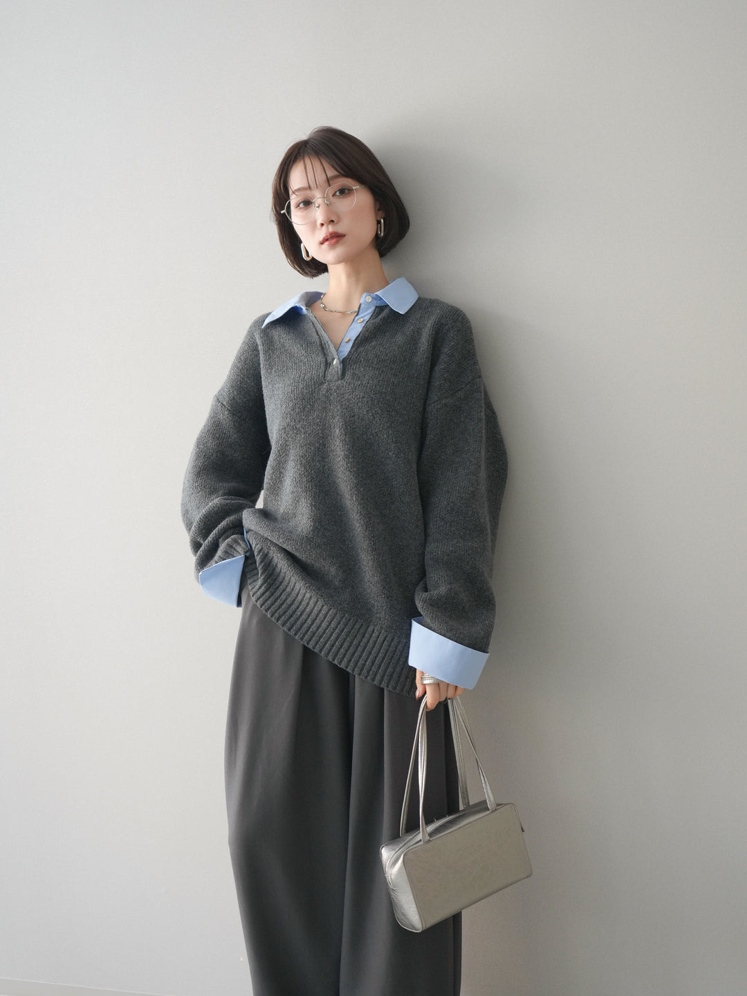 [予約]シャツドッキングオーバーニットプルオーバー/charcoalsax