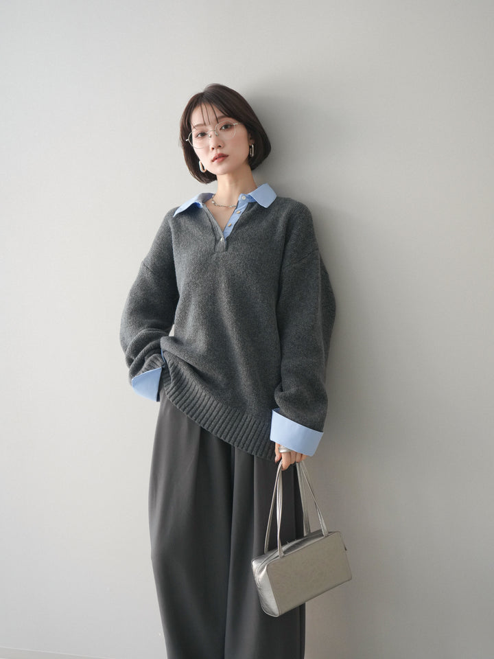 [予約]シャツドッキングオーバーニットプルオーバー/charcoalsax