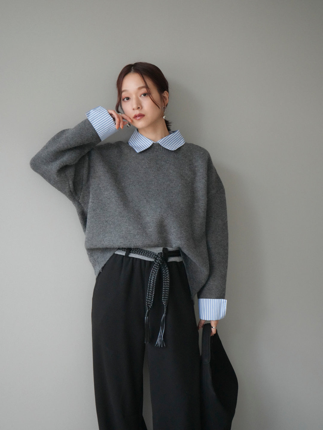 [予約]2WAYストライプ襟ニットプルオーバー/charcoal