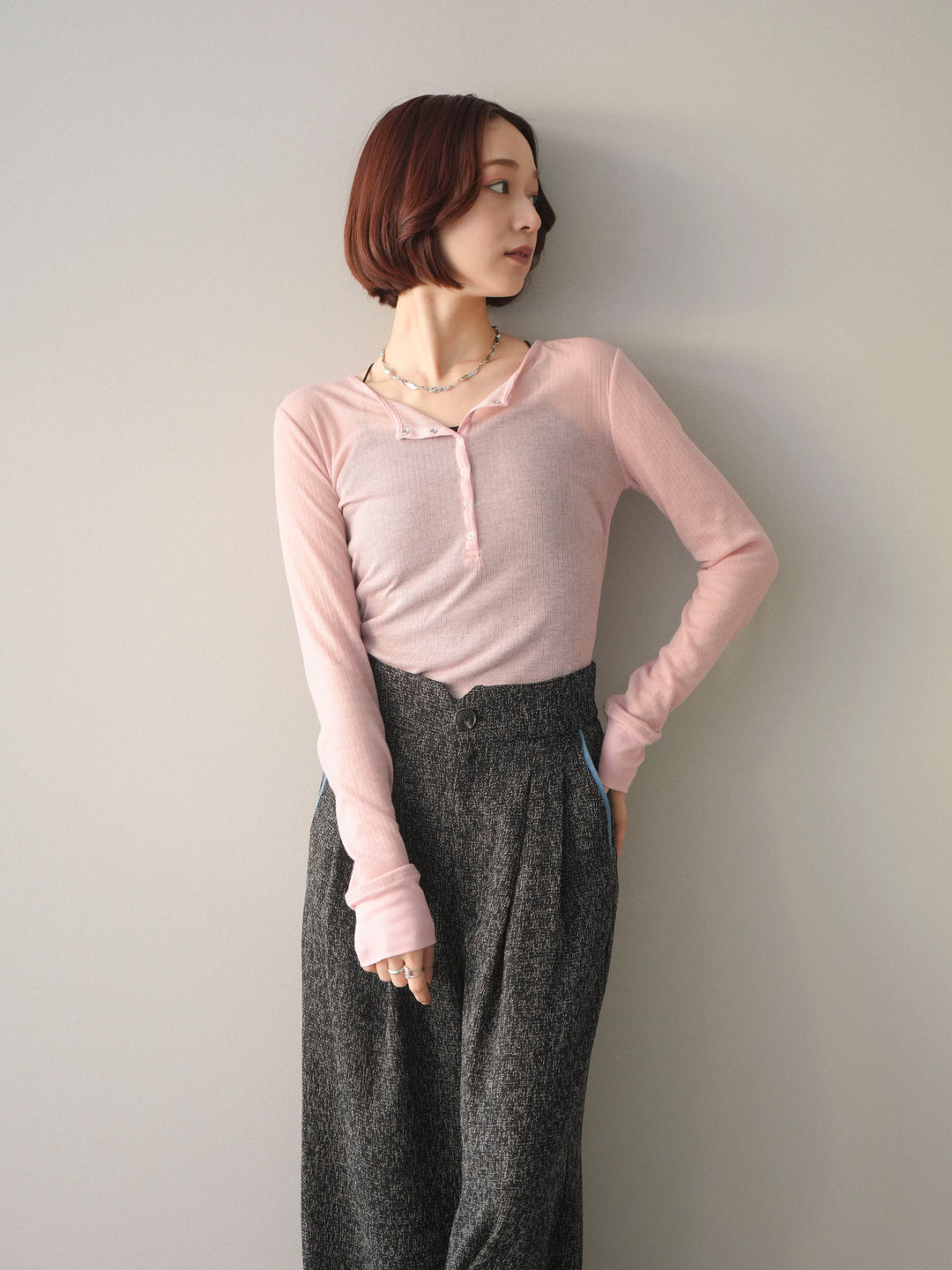 [予約]シアーリブヘンリーネックロンT/pink