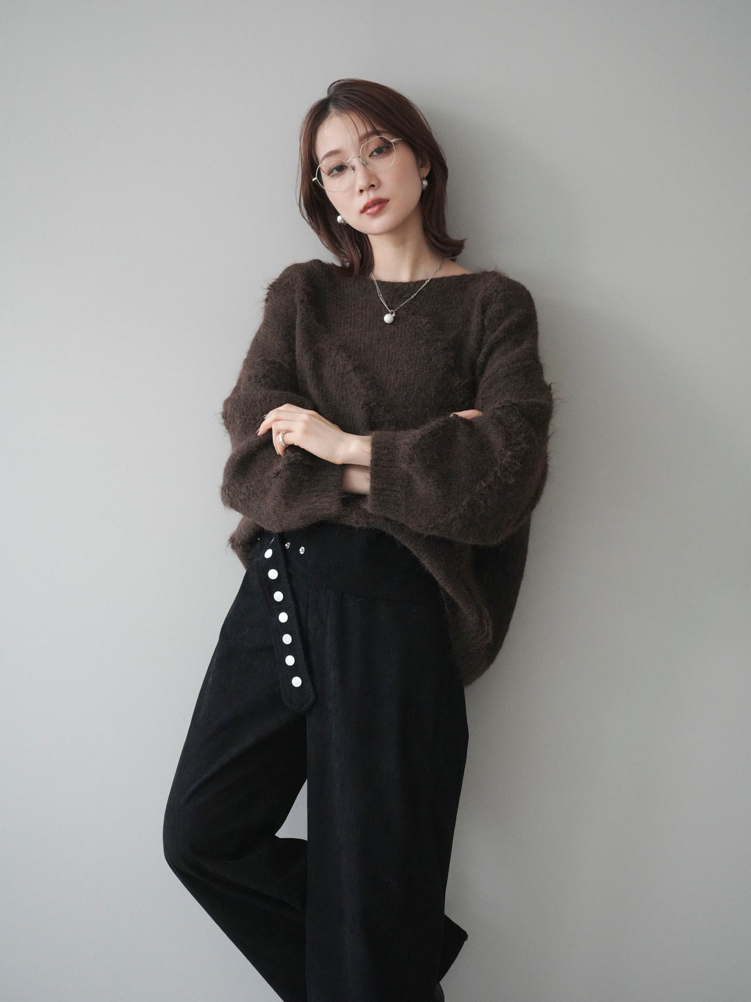 [予約]ブークレラインデザインニットプルオーバー/brown