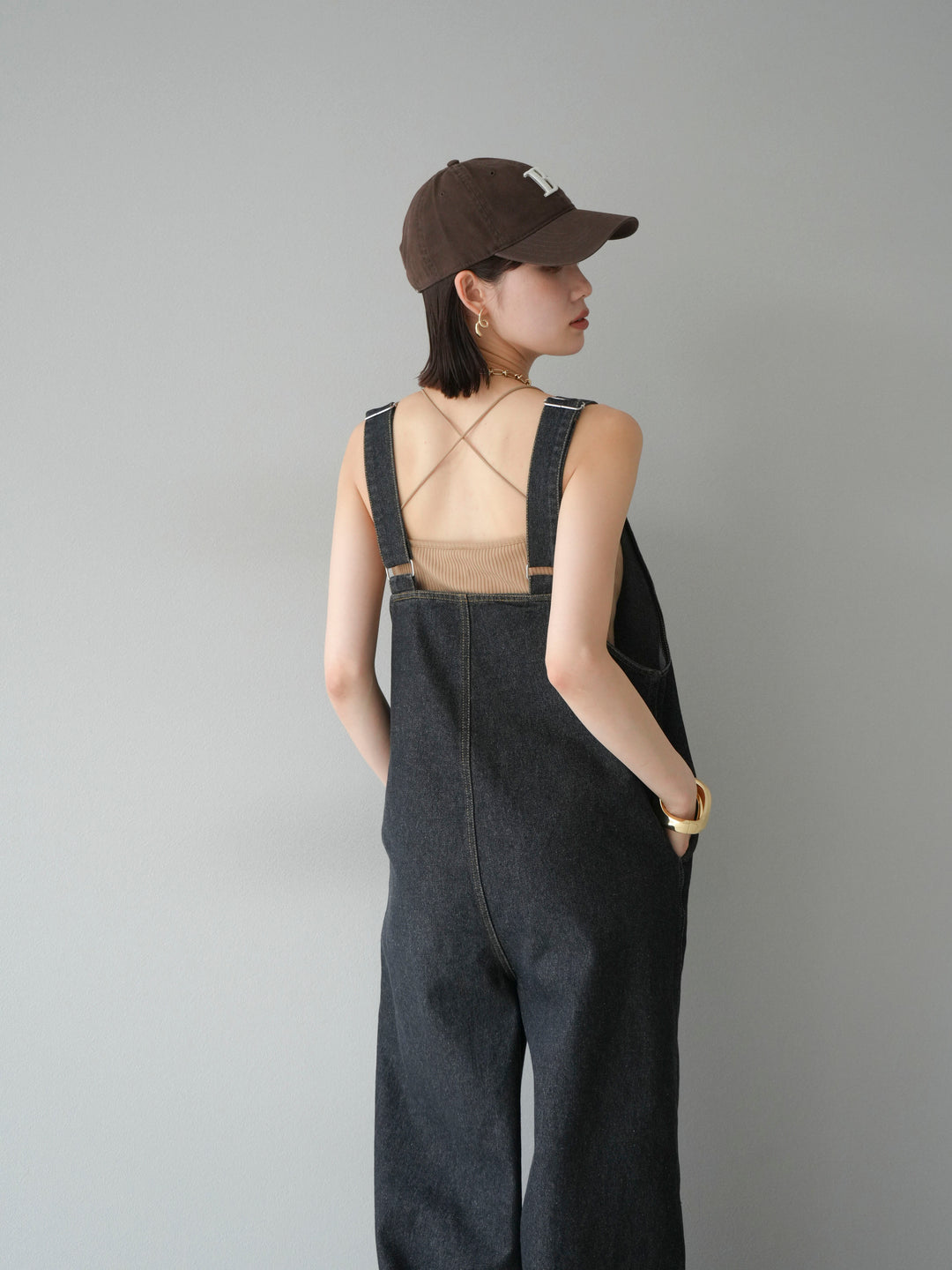 [予約]フロントZIP Vネックデニムサロペット/ブラック