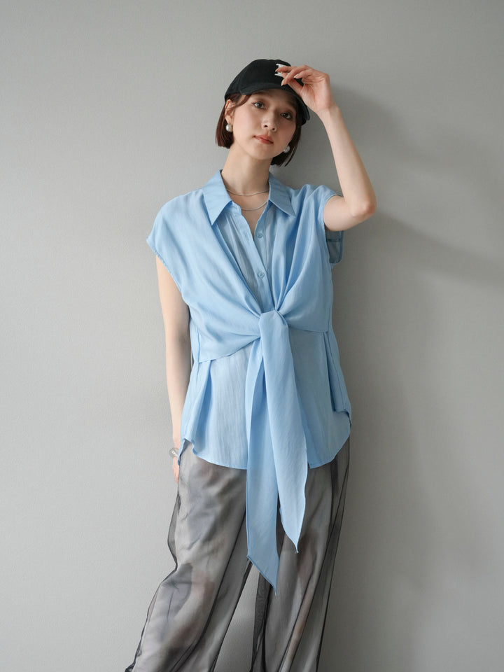 [SET] 前繫帶透視上衣 + 水彩藝術休閒褲 (2 件組)