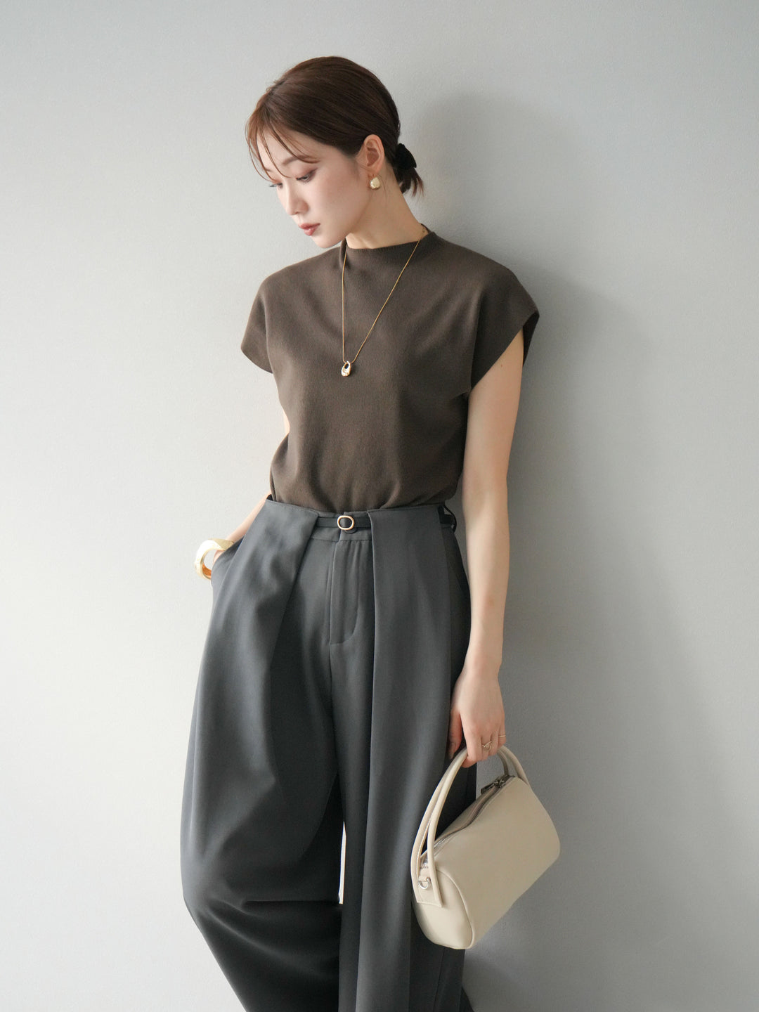 [予約]プチネックフレンチニットトップス/ブラウン