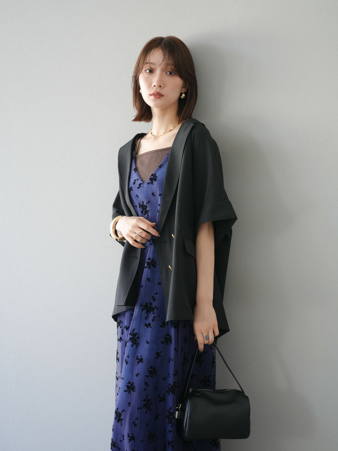 [套裝] 植絨薄紗層疊天鵝絨吊帶連身裙 + 金色紐帶半夾克 (2 套)