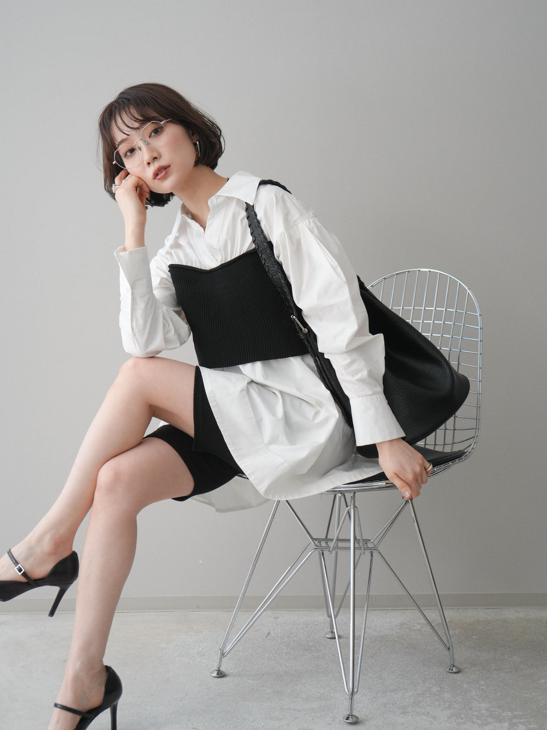 [予約]ニットビスチェドッキングフレアシャツチュニック/offwhite