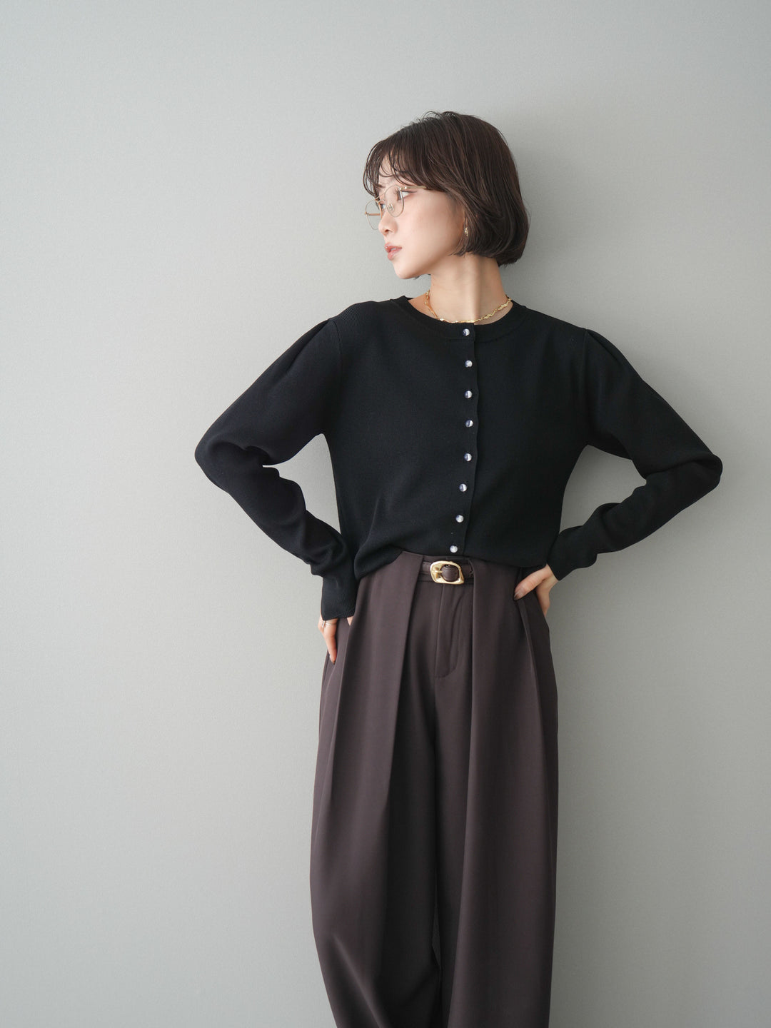 [SET]クリアボタンタックニットカーディガン+ベルトループデザインワイドパンツ(2set)