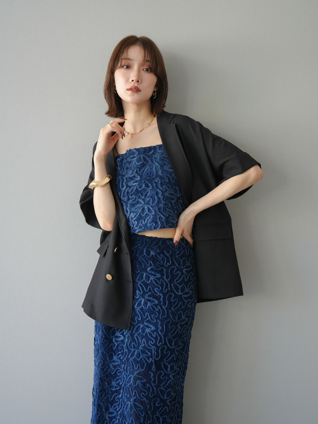 [預購] 金色紐扣半身夾克/黑色